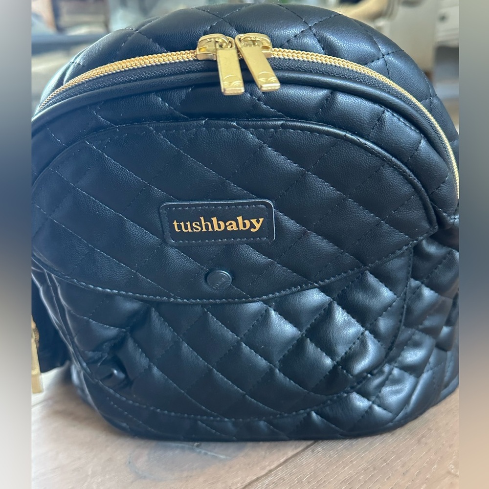 Tushbaby Quilted Black Kids Backpack with Gold Accents